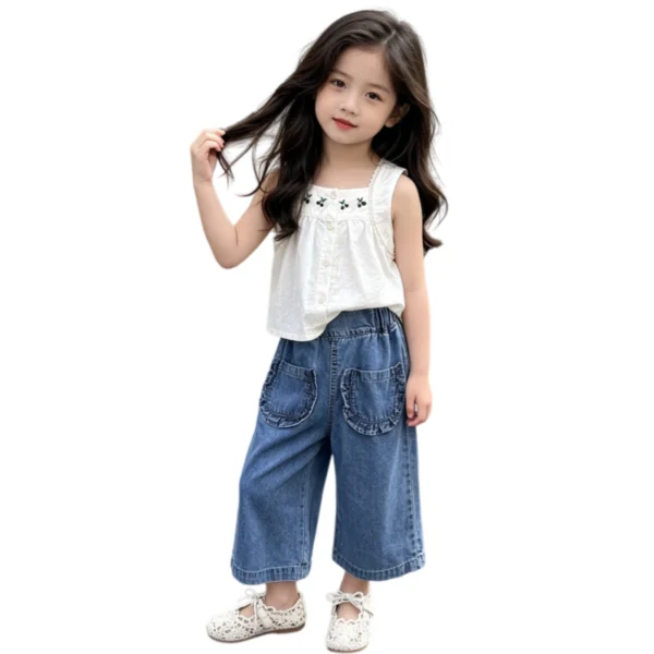 SundayKids Girls Embroidery Sleeveless Top  Wide Leg Denim Pants Set