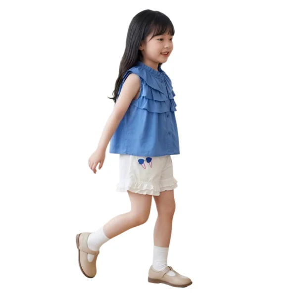 SundayKids Girls Summer Sleeveless Ruffle Blouse & Casual Shorts Set