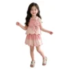 SundayKids Girls' Pink Ombre Lace Collar Vest & Shorts Two-Piece Set with 3D Flower