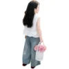 SundayKids Girls Terno Ruffle Sleeveless Top Sparkle Denim Wide Leg Pants Set