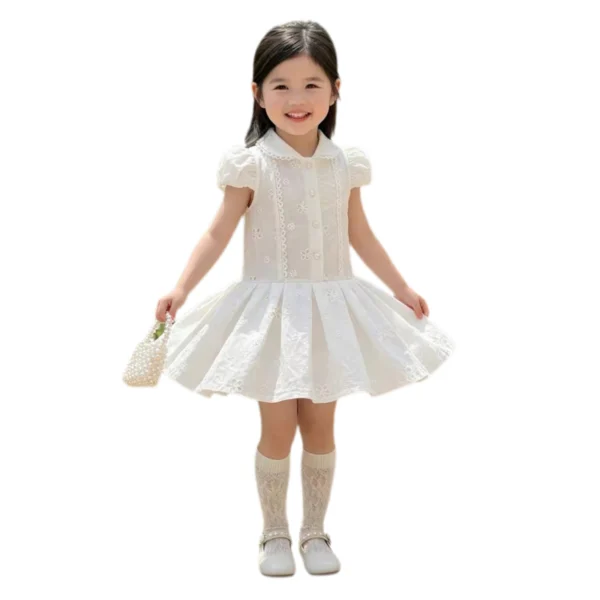 Sundaykids Girls White Eyelet Embroidery Puff Sleeve Dress