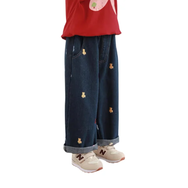 SundayKids Girls Bear Embroidered Wide Leg Denim Pants