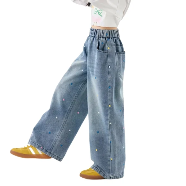 SundayKids Girls Colorful Flower Embroidered Wide Leg Denim Pants