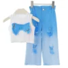 副图一 SundayKids Girls Streetwear Outfit Butterfly Crop Top Gradient Denim Pants Terno Set