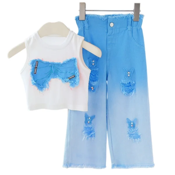 副图一 SundayKids Girls Streetwear Outfit Butterfly Crop Top Gradient Denim Pants Terno Set