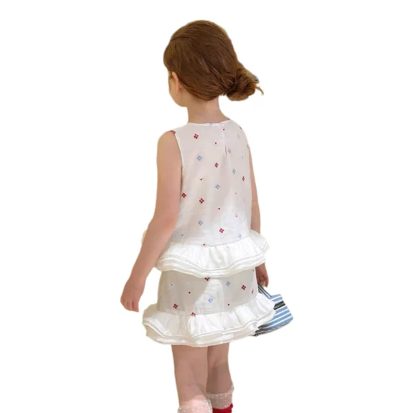 SundayKids Girls Sleeveless Top + Skirt Set with Colorful Floral Embroidery & Ruffle Hem