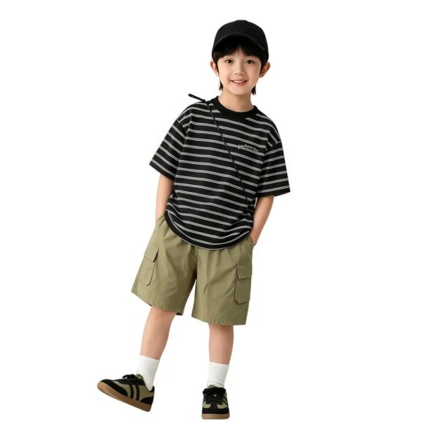 Sundaykids Children's clothing suit boy T-shirt striped top casual overalls two-piece suit