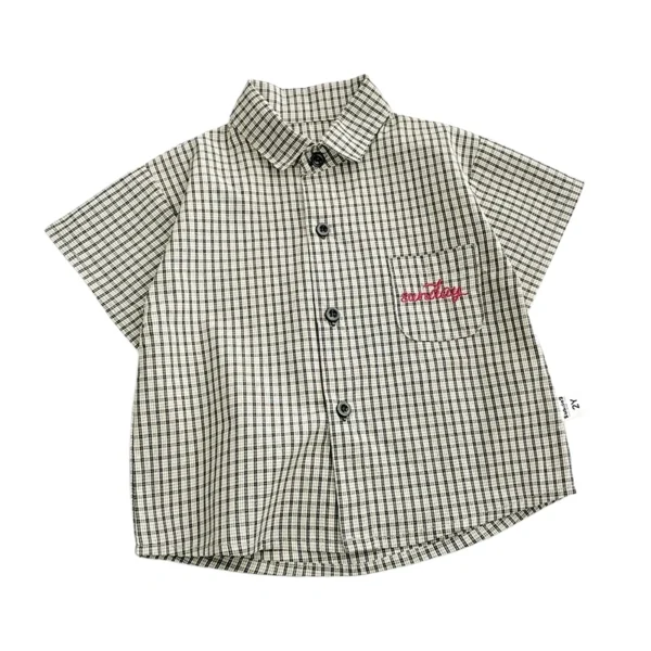Sundaykids Toddler Boys' Classic Gingham Shirt - Short - Sleeve with Pocket Embroidery