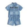 Sundaykids Boys Trendy Denim Terno Set Big Letter Print Gradient Wash Vacation Outfit for Kids