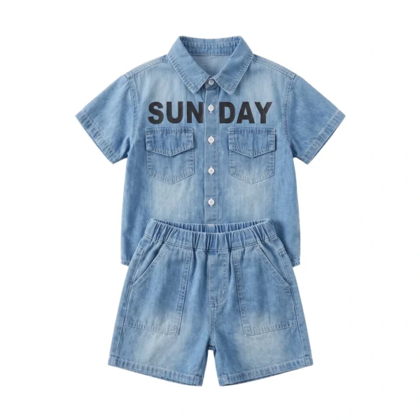 Sundaykids Boys Trendy Denim Terno Set Big Letter Print Gradient Wash Vacation Outfit for Kids