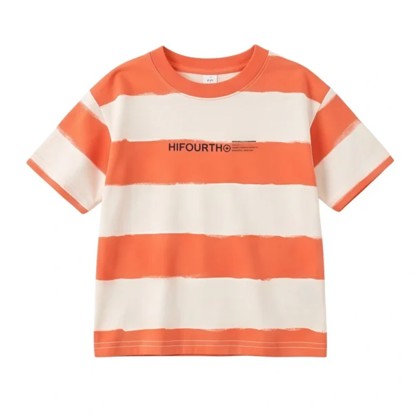 Sundaykids Boys Wide Stripe T-shirt Orange White Cotton Breathable Oversized Loose Fit Short Sleeve Top