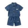 Sundaykids Boys Soft Denim Cargo Terno Set Dark Blue Short Sleeve Shirt & Shorts Multi Pockets