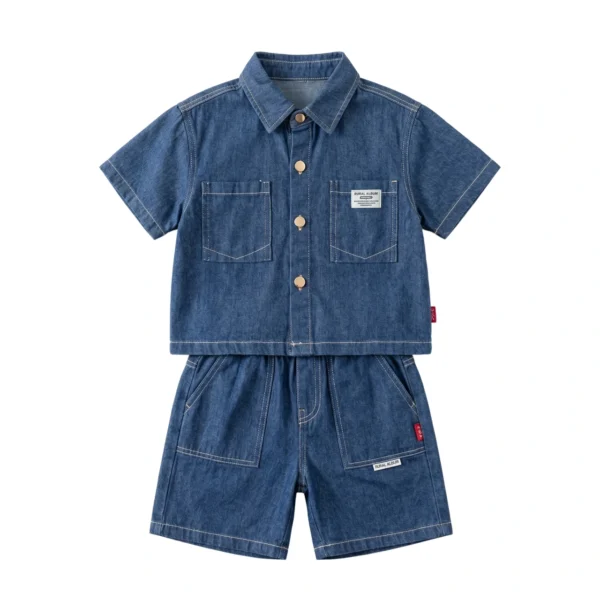 Sundaykids Boys Soft Denim Cargo Terno Set Dark Blue Short Sleeve Shirt & Shorts Multi Pockets
