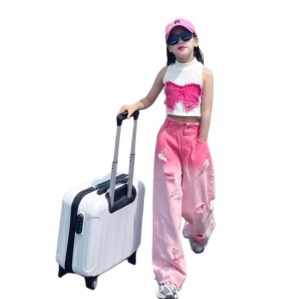 副图三 SundayKids Girls Streetwear Outfit Butterfly Crop Top Gradient Denim Pants Terno Set