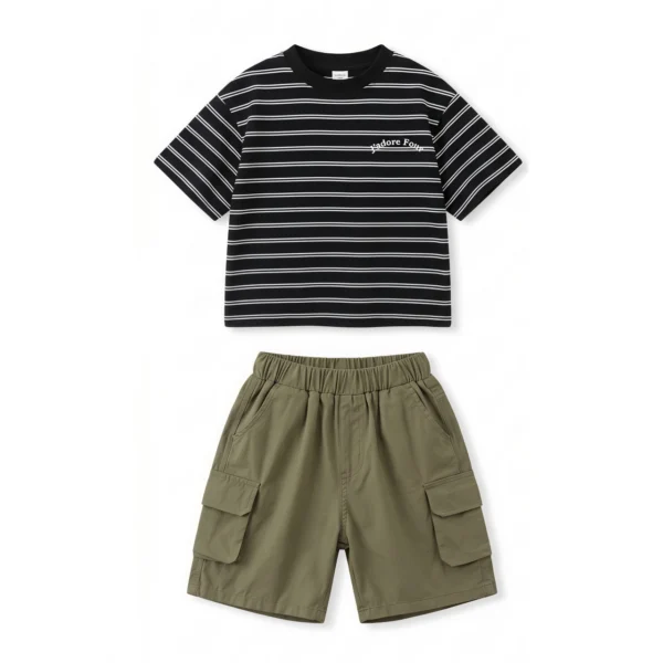 Sundaykids Children's clothing suit boy T-shirt striped top casual overalls two-piece suit