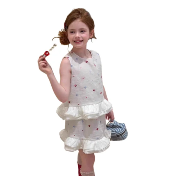 SundayKids Girls Sleeveless Top + Skirt Set with Colorful Floral Embroidery & Ruffle Hem