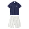 Sundaykids Boys School Uniform Terno Set Navy Blue Letter Polo Shirt + White Shorts