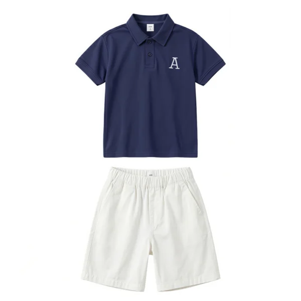 Sundaykids Boys School Uniform Terno Set Navy Blue Letter Polo Shirt + White Shorts