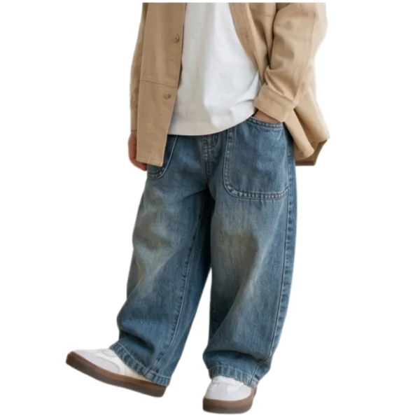 Sundaykids Boys' Washed Vintage Blue Denim Oversized Wide-Leg Pants for 1-5Y