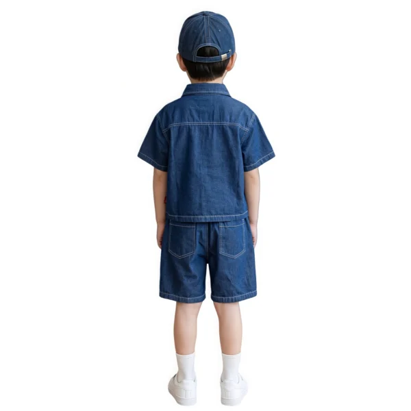 Sundaykids Boys Soft Denim Cargo Terno Set Dark Blue Short Sleeve Shirt & Shorts Multi Pockets