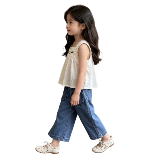 SundayKids Girls Embroidery Sleeveless Top  Wide Leg Denim Pants Set