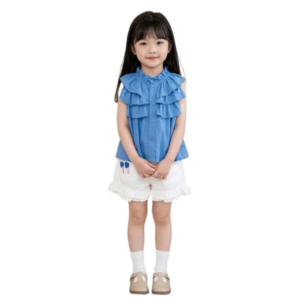 SundayKids Girls Summer Sleeveless Ruffle Blouse & Casual Shorts Set