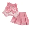 副图二 SundayKids Girls' Pink Ombre Lace Trim Sleeveless Top & Pleated Skirt Two-Piece Set