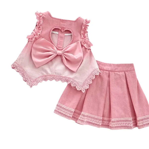 副图二 SundayKids Girls' Pink Ombre Lace Trim Sleeveless Top & Pleated Skirt Two-Piece Set