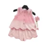 SundayKids Girls' Pink Ombre Lace Collar Vest & Shorts Two-Piece Set with 3D Flower