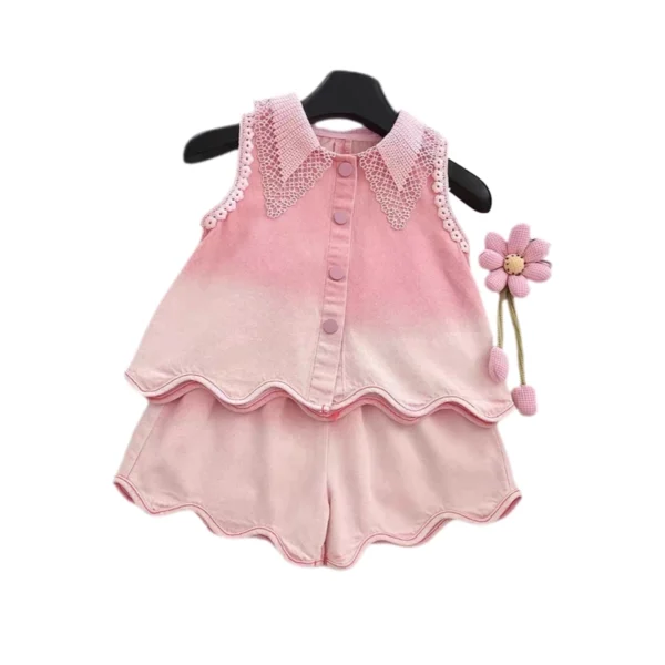 SundayKids Girls' Pink Ombre Lace Collar Vest & Shorts Two-Piece Set with 3D Flower