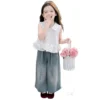 SundayKids Girls Terno Ruffle Sleeveless Top Sparkle Denim Wide Leg Pants Set