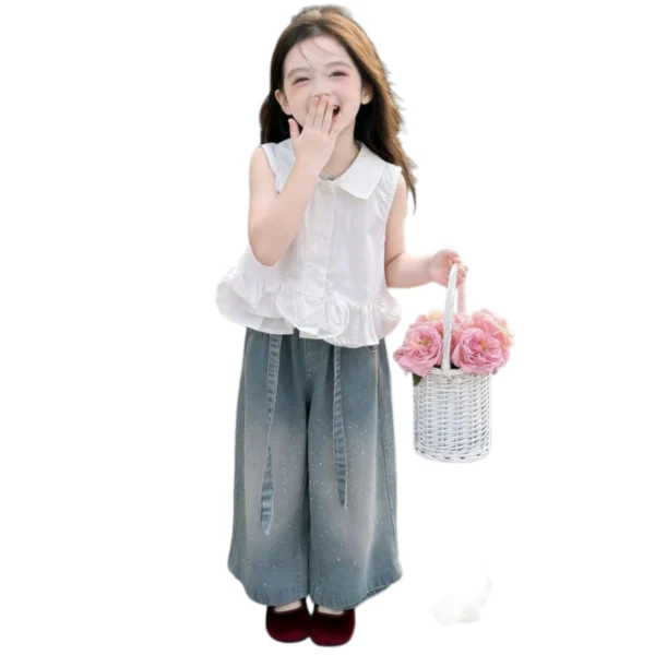 SundayKids Girls Terno Ruffle Sleeveless Top Sparkle Denim Wide Leg Pants Set