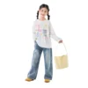SundayKids Girls Colorful Flower Embroidered Wide Leg Denim Pants