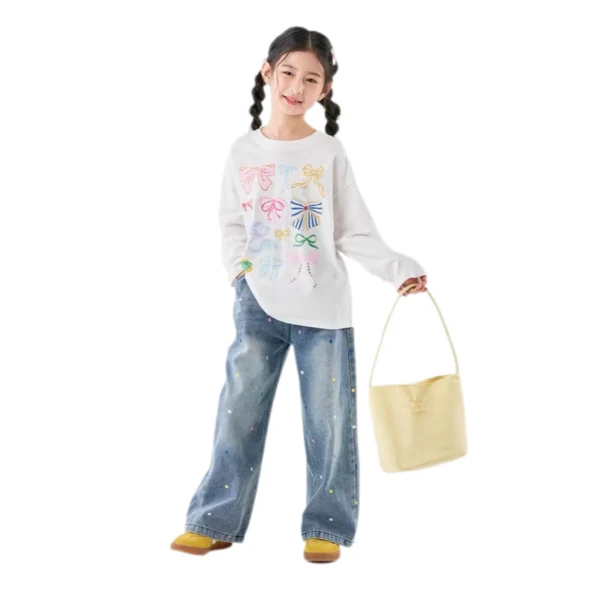 SundayKids Girls Colorful Flower Embroidered Wide Leg Denim Pants