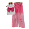 副图二 SundayKids Girls Streetwear Outfit Butterfly Crop Top Gradient Denim Pants Terno Set