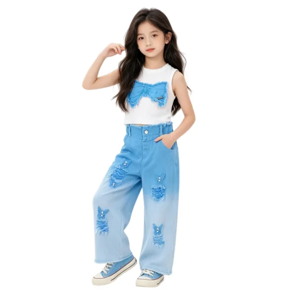 副图五 SundayKids Girls Streetwear Outfit Butterfly Crop Top Gradient Denim Pants Terno Set