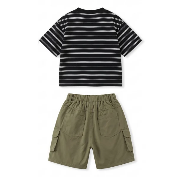 Sundaykids Children's clothing suit boy T-shirt striped top casual overalls two-piece suit