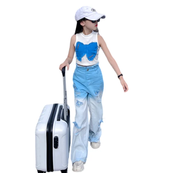 副图四 SundayKids Girls Streetwear Outfit Butterfly Crop Top Gradient Denim Pants Terno Set