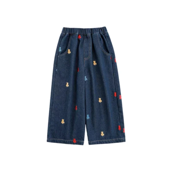 SundayKids Girls Bear Embroidered Wide Leg Denim Pants